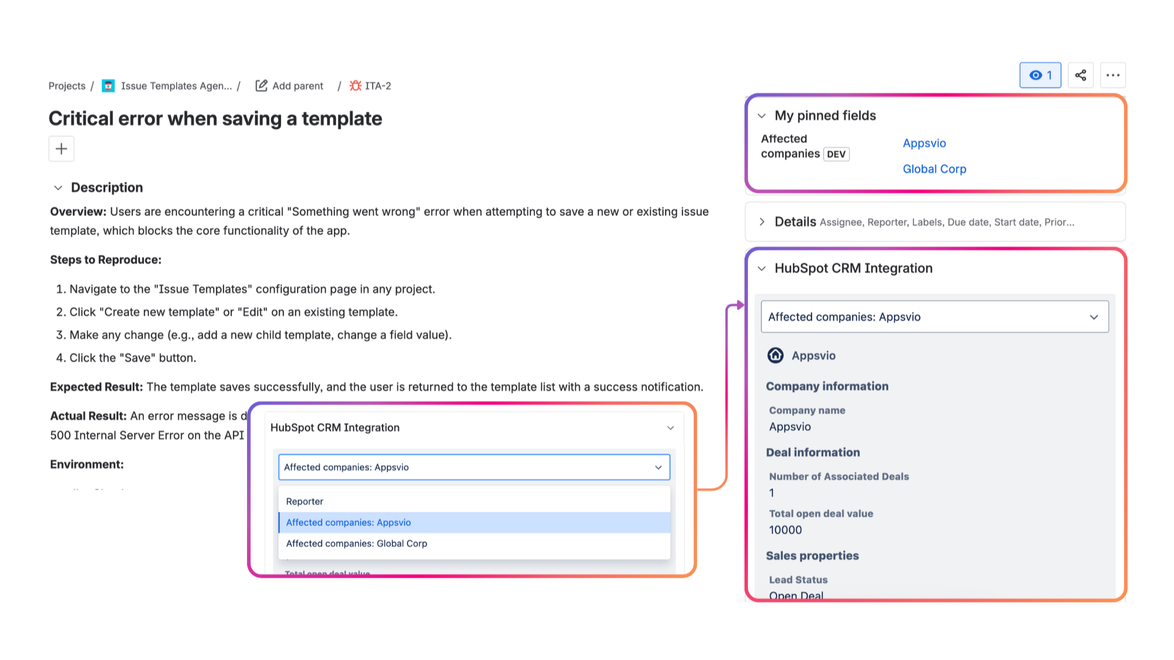See critical HubSpot CRM data along Jira work items with custom fields and HubSpot Panel
