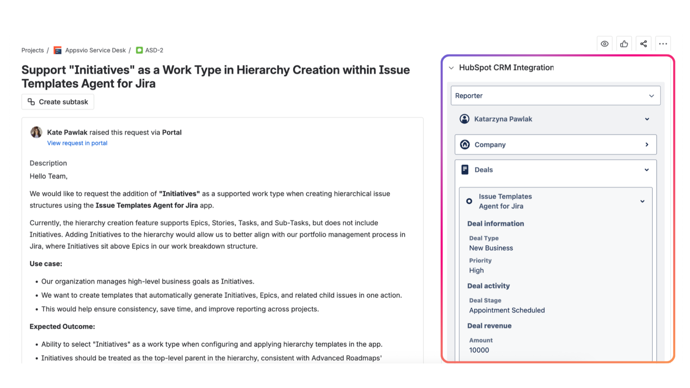 Easily see business context right inside your Jira: contacts, deals, companies, and more
