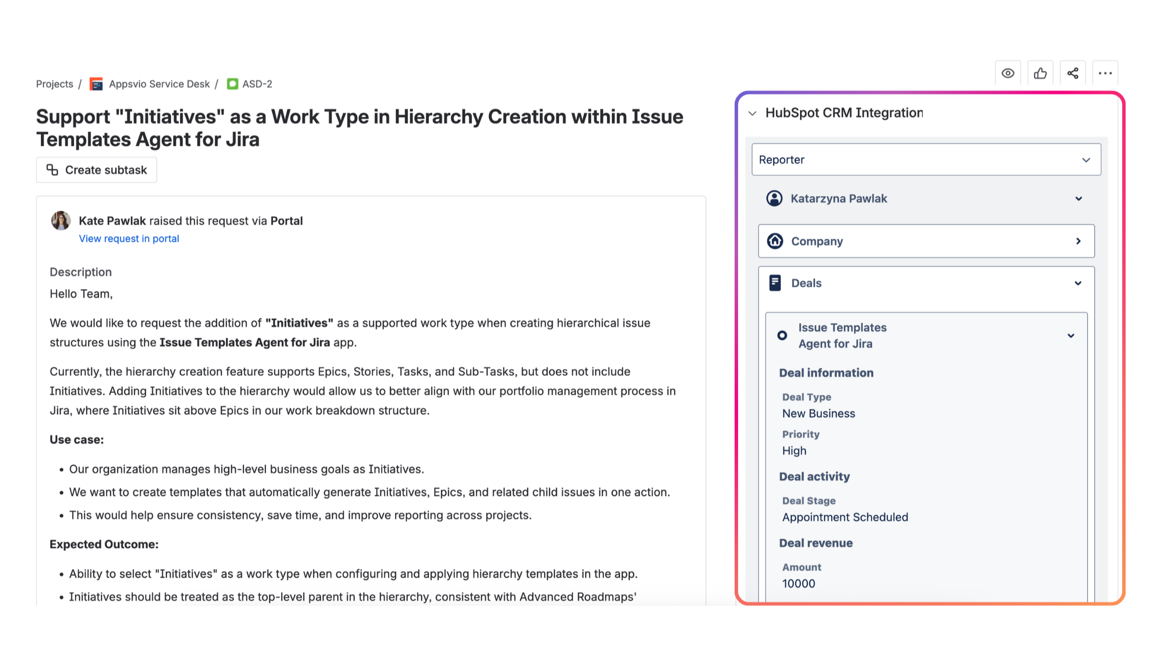 Easily see business context right inside your Jira: contacts, deals, companies, and more