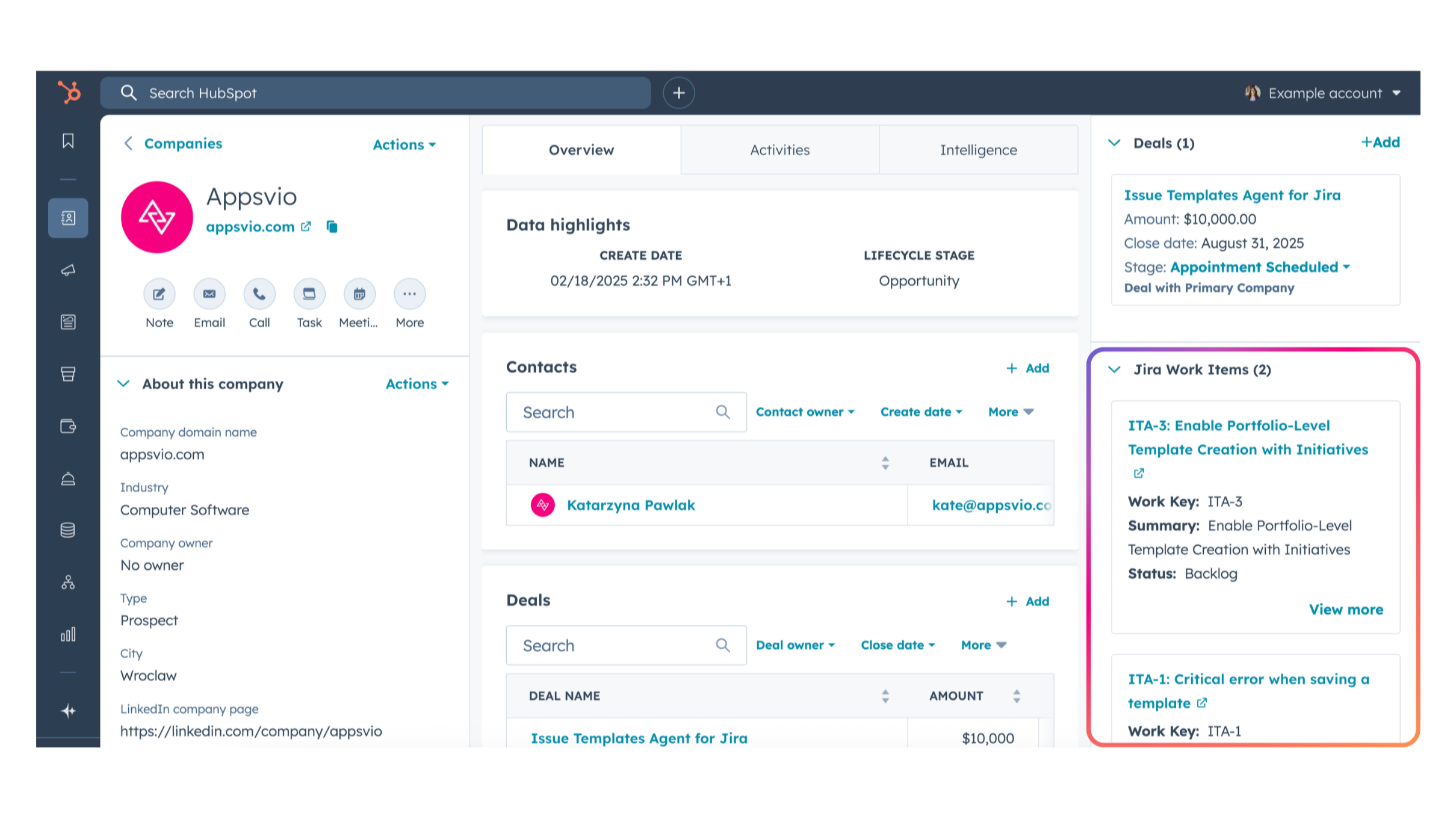 Bring Jira work items into HubSpot CRM to track progress and connect customer insights with development tasks